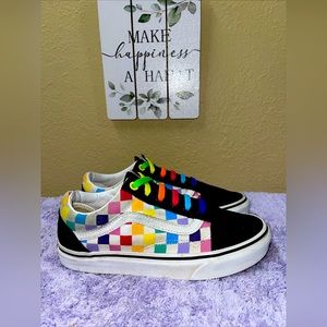 VANS Old Skool Checkered Black/White/Rainbow Multi-Color Men 5 Women 6.5 Sneaker